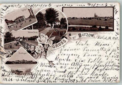 18246 O2620 Bützow 1898 Lithographie Verläufer Druck um 1890 Rathaus Dreibergen Warnow Brücke