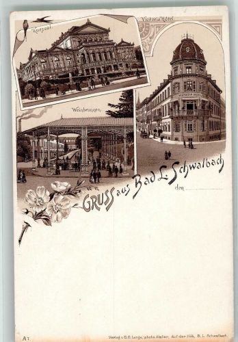 65307 W6208 Bad Schwalbach Lithographie Verläufer Druck um 1890 Kursaal Weinbrunnen Hotel Victoria