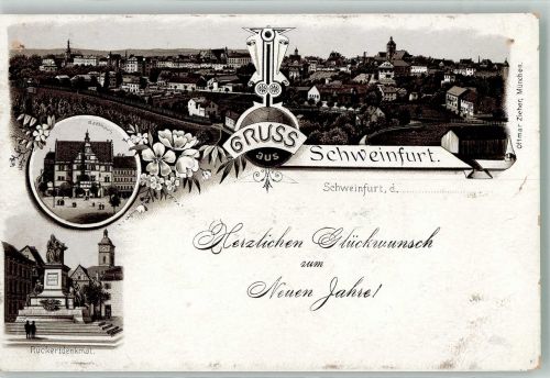 97421 W8720 Schweinfurt Lithographie Verläufer Druck um 1890 Rückertdenkmal Rathaus Verlag Ottmar Zieher-München Neujahreskarte