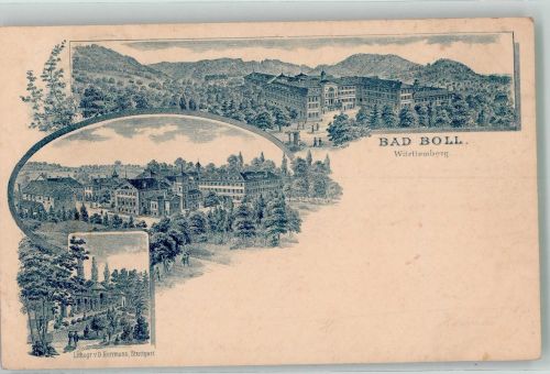 73087 W7325 Bad Boll 1898 Lithographie Verläufer Druck um 1890 Kurhaus Trinkhalle Kurpark