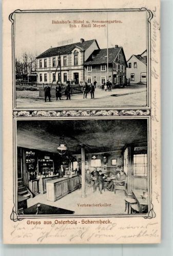 27711 W2860 Osterholz-Scharmbeck 1908 Foto AK Bahgnhofshotel Gaststube Theke Kl. Stauchung