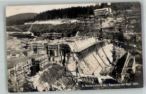 76596 W7564 Schwarzenbach 1925 Foto AK Murgwerk II. Ausbau Schwarzenbachtalsperre 3. Bauzustand der Sperrmauer Sept. 1924 Bahnpost Rastatt-Gailsbach Zug 1290