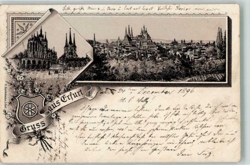 99084 O5000 Erfurt 1896 Lithographie Verläufer Druck um 1890 Erfurter Dom Wappen