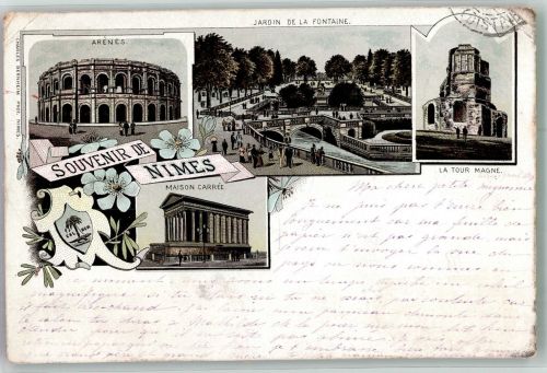 30000 Nimes 1895 Gebrauchsspuren Arena Jardin de la Fontaine Maison Carrée Lithographie Vorläufer