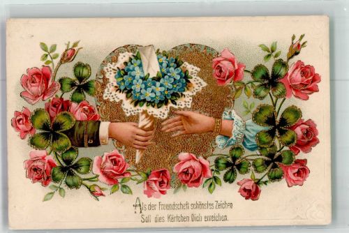 Männerhand mit Vergissmeinnicht für eine Frau Rosen Glücksklee Herzen Golddruck Blumensprache 1910 Prägedruck