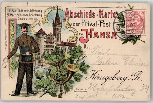 Königsberg Kaliningrad 1900 Gebrauchsspuren Beruf Briefträger Abschieds-Karte der Privat-Post Hansa Ganzsache Lithographie