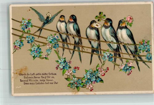 Vögel auf goldener Leine mit Glücksklee Vergissmeinnicht und Rosen Schwalbe 1911 Prägedruck