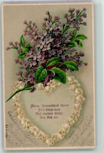 Ein Herz aus Maiglöckchen mit Flieder M.S.i.B. 13899 Blumensprache 1909 Prägedruck