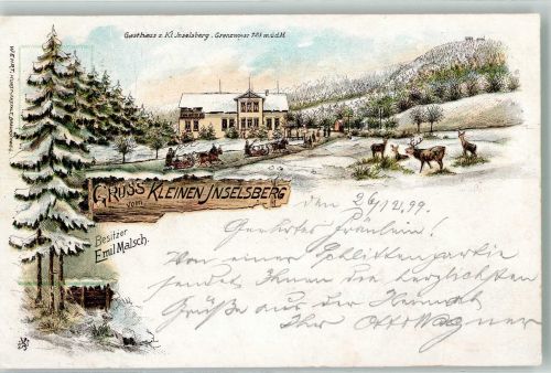 98599 O6083 Brotterode 1899 Lithographie Gasthaus Kleiner Inselsberg Pferdeschlitten Hirsch Hirschkühe