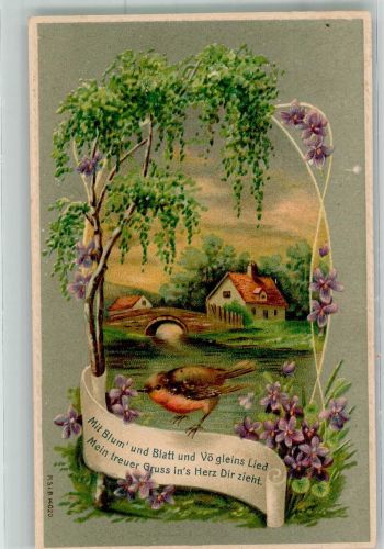 Kleine Steinbrücke vor einsamen Bauernhaus in Frühlingslandschaft Veilchen Birken M.S.i.B. 14020 Rotkehlchen 1909 Prägedruck