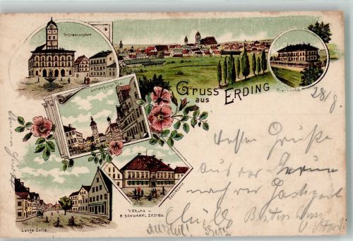 85435 W8058 Erding 1898 Lithographie Schrannenplatz Lange Zeile Landshuter Tor Krankenhaus Bezirksamt