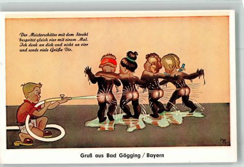W8425 Bad Gögging Junge spritzt mit Wasserschlauch Mädchen ab Humor Kur Moorbad Künstlerkarte