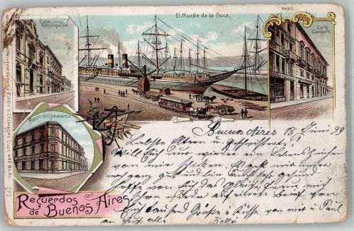 Buenos Aires 1899 Gebrauchsspuren Pferdestraßenbahn Hafen Bankgebäude Lithographie
