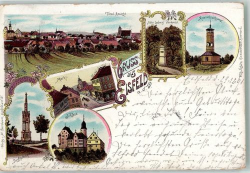 98673 O6120 Eisfeld 1901 Lithographie Markt Schloss Siegesdenkmal Aussichtsturm Otto Ludwig-Denkmal