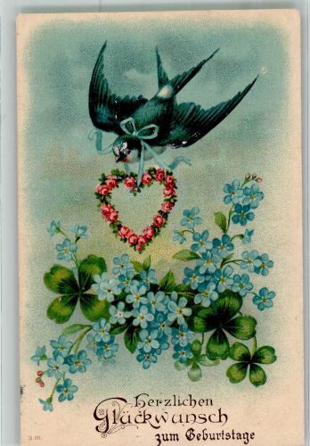 Geburtstag Vogel mit einem Herz aus Rosen Vergissmeinnicht Glücksklee Schwalbe 1909 Prägedruck