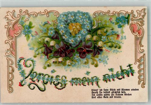 Schriftzug Vergiss mein nicht mit Veilchen und Vergissmeinnicht Jugendstil Blumensprache 1915 Prägedruck
