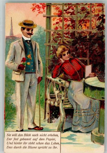 Junger Mann mit einer Rose für seine Liebste Poesie / Liebe Blumensprache 1907 Prägedruck