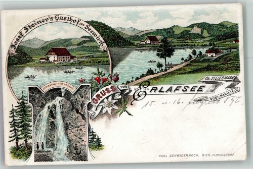 8630 Mariazell 1896 Gebrauchsspuren Gasthaus zum Seewirt Marienfall Erlafsee Lithographie