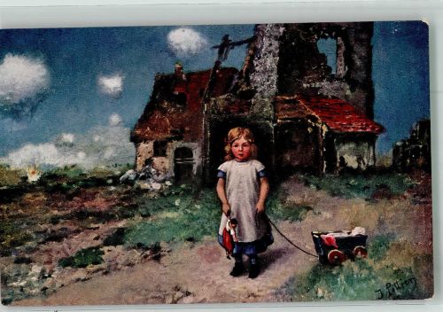 sign. Pottier Mädchen mit Puppe im zerschossenen Flandern Moderne Meister Verlag Arthur Rehn & Co. No. 107 Westlicher Kriegsschauplatz Künstlerkarte