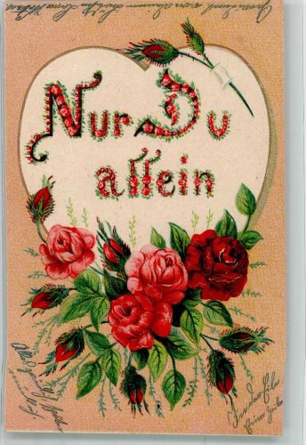 Der Schriftzug Nur Du allein aus roten Rosen gebildet Herz Poesie / Liebe Blumensprache Prägedruck