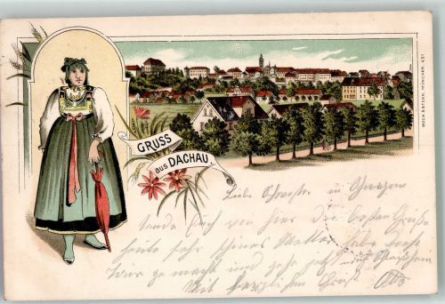 85221 W8060 Dachau 1899 Lithographie Bayerische Volkstracht Baumallee