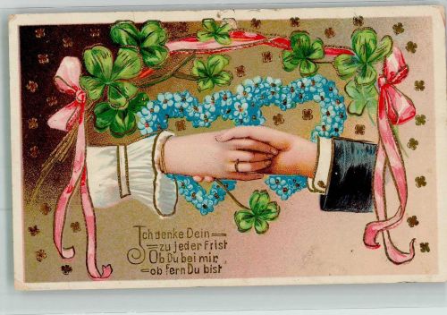 Männer- und Frauenhand vor Herzen aus Vergissmeinnicht Glücksklee Golddruck Blumensprache 1915 Prägedruck