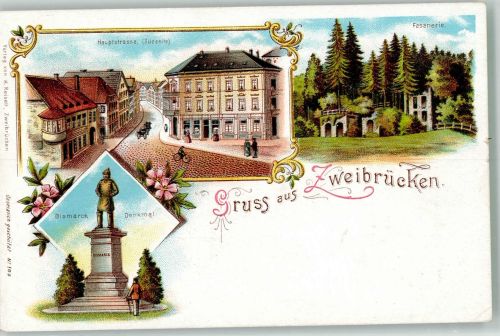 66482 W6660 Zweibrücken , Pfalz Lithographie Bismarck-Denkmal Hauptstrasse Fasanerie