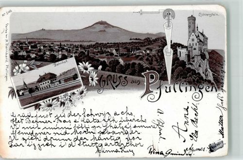 72793 W7417 Pfullingen 1896 Lithographie Bahnhof Schloss Lichtenstein