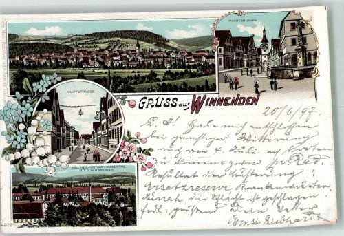 71364 W7057 Winnenden , Württ 1897 Lithographie Hauptstrasse Marktbrunnen Kgl. Heilanstalt Schlosskirche