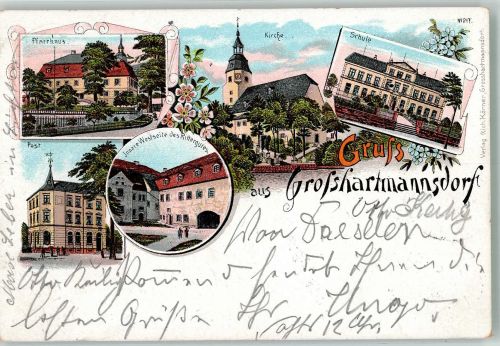 09618 O9203 Großhartmannsdorf 1898 Lithographie Post Pfarrhaus Schule Am Rittergut-Westseite
