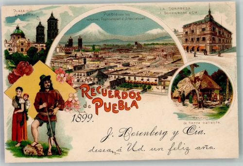 Puebla 1899 Gebrauchsspuren Tracht Rancho Plaza con Cadrel Lithographie