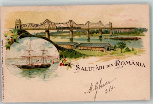 Bukarest Bucuresti 1900 Gebrauchsspuren Dampfschiff Brücke Lithographie
