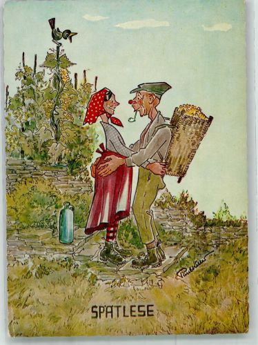 sign. Keller, Paul Spätlese Ein verliebtes altes Winzerpaar Humor Poesie / Liebe Wein Künstlerkarte