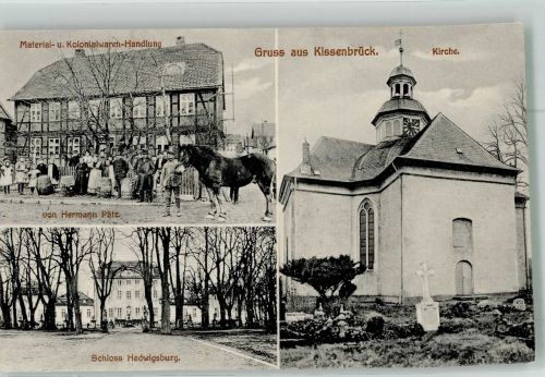 38324 W3341 Kissenbrück 1913 - Kirche Friedhof Schloss Hedwigsburg Kolonialwaren Pätz Pferd Bahnpost Braunschweig-Harzburg Zug 495