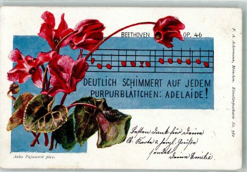 Liedtextzeile Deutlich schimmert auf jedem Purpurblättchen Adelaide Alpenveilchen Ackermann's Kunstverlag No. 782 Beethoven, L. van 1901 Lithographie / Künstlerkarte