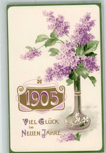 1905 Neujahr Flieder in Vase Erika Nr. 2046 Jahreszahl Prägedruck