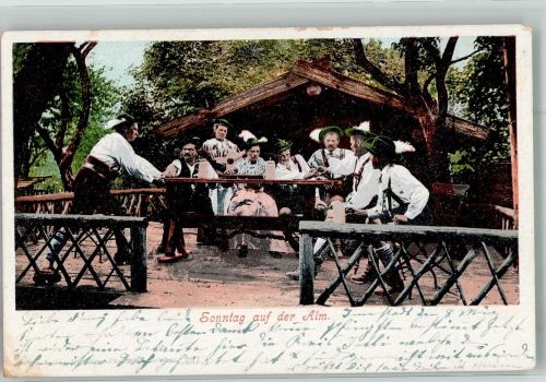 Sonntag auf der Alm Bier Gitarre Fingerhakeln Trachten Bayern 1902