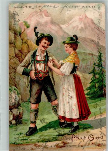 Junges Paar in alpenländischer Tracht im Hochgebirge Poesie / Liebe Trachten Bayern 1903 Prägedruck