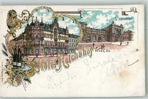 54290 W5500 Trier 1899 Lithographie Hotel Reichshof Löwe Trierer Hauptbahnhof