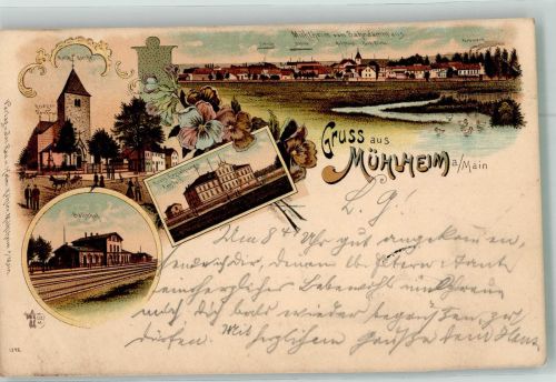 63165 W6052 Mühlheim am Main 1898 Lithographie Bahnhof Kreis-Erziehungsanstalt Kriegerdenkal Verlag Ottmar Zieher-München