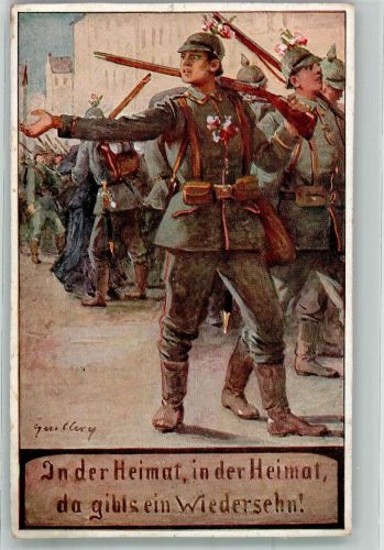 Landser in Uniform marschieren zur Stadt hinaus Feldpost Oberaudorf Patriotik WK I, Deutschland 1915 Künstlerkarte