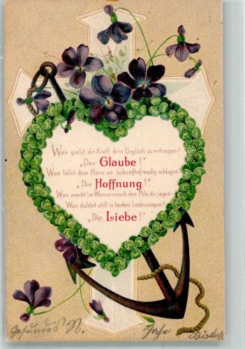 Herz Anker und Kreuz verkörpern Glaube Hoffnung und Liebe Glückskleeblatt 1906 Prägedruck