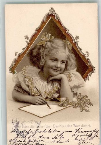Kleines Mädchen beim schreiben eines Briefes Golddruck Kinderpoesie 1902 Prägedruck