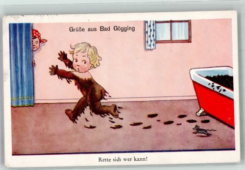 W8425 Bad Gögging Kind flüchtet vor Maus aus dem Moorbad Humor Kur Moorbad Künstlerkarte