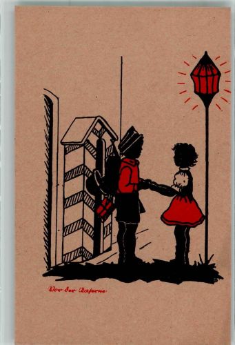 Kindlicher Soldat mit seinem Mädchen vor dem Wachthäuschen der Kaserne Kinderpoesie Scherenschnitt Künstlerkarte