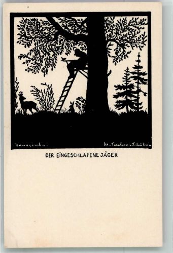 Scherenschnitt Der eingeschlafene Jäger Sachse-Schubert, M. Künstlerkarte