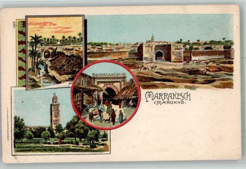 Marrakesch Marrakesh Gebrauchsspuren Esel Tracht Marktszene Lithographie
