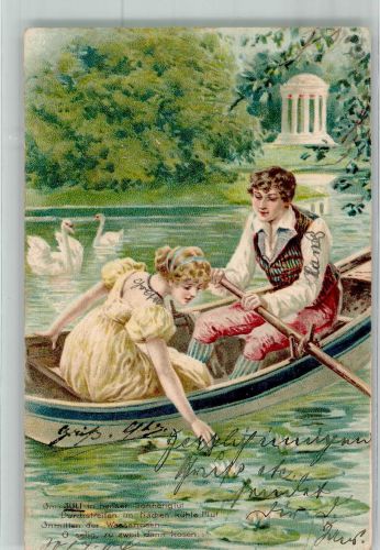 Junges Paar im Ruderboot auf einem Schwanenteich Poesie / Liebe Seerose 1904 Prägedruck