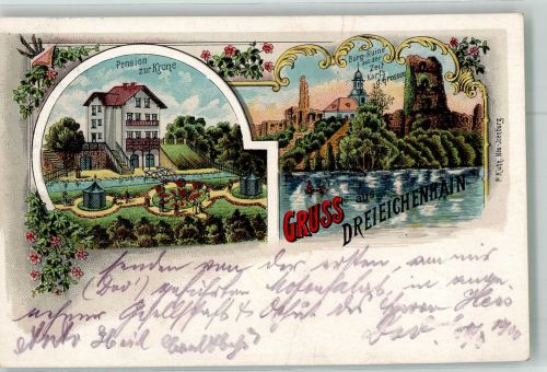 63303 W6072 Dreieichenhain 1900 Lithographie Pension zur Krone Burgruine