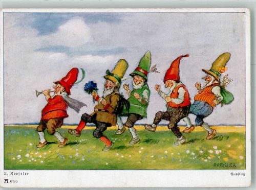sign. Roeseler Fünf Männlein bei einem Ausflug Ackermann's Kunstverlag Reihe 698 Nr. 6769 Zwerg Künstlerkarte